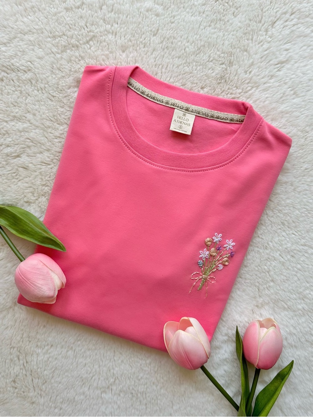 Hello Athenas Women’s Hand Embroidered Pima Cotton Tee Short Sleeve Bubblegum
